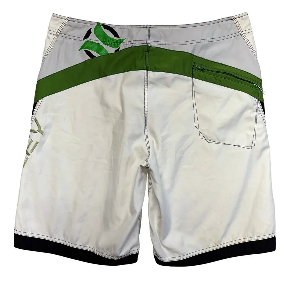 Vintage Hurley Boardshorts 38 White Green Swim Trunks Surfing Classic 90s Y2K